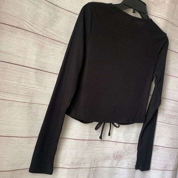 Wild Fable Black Crop Top Shirt with Keyhole Front Tie String Long Sleeves Small - Picture 7 of 12